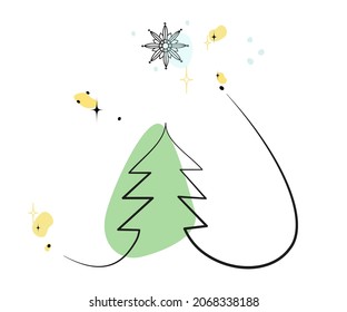Abstract Christmas background, winter spruce continuous one line drawing, snowflakes, stars. Vector cute illustration for sale design, banner, hand drawn in one line.