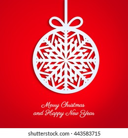 Abstract Christmas ball cutted from paper on red background. Christmas and New Year greeting card in minimalistic style. New year lettering. Banner. Invitation design. Vector eps 10 illustration