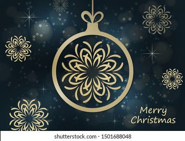 Abstract Christmas ball, inside creative snowflake ornament on dark glare background. Vector illustration for your design.