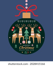 Abstract Christmas ball. Modern greeting card for New Year 2022 with reindeer, Christmas tree and snowflakes. Design for banner and poster. Cartoon flat vector illustration isolated on blue background