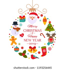 Abstract Christmas ball with symbols of Christmas. Santa, tree, deer, gift ,. flat vector illustration. Greeting card or banner with the words "We wish you a Merry Christmas and a Happy New Year"