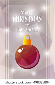 Abstract Christmas ball vector illustration on a gray shining polygonal background. Celebrated greeting card design.