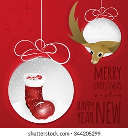 Abstract Christmas balls cutted from paper on red background with santas boot, balls and deer.  Is ideal for everything from invitation cards to the background suited for print and web products.