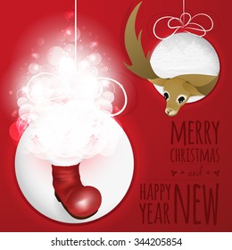 Abstract Christmas balls cutted from paper on red background with santas boot, magic glow and deer.  Is ideal for everything from invitation cards to the background suited for print and web products.