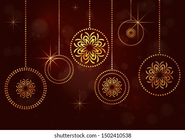 Abstract Christmas balls, inside creative snowflake ornament on dark glare background. Vector illustration for your design.