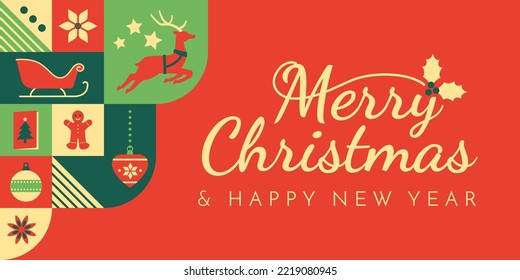 Abstract Christmas banner with geometrical festive icons and copy space