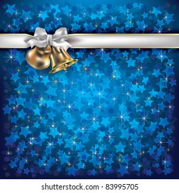 Abstract Christmas blue background with bells and white gift ribbons