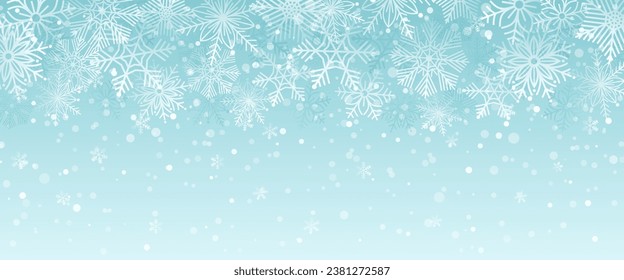 Abstrakter Weihnachtsblauer Hintergrund mit fallendem Schnee und Schneeflocken, zauberhafter Winterhimmlik mit schwerem Schneefall, fantasievoll glänzender schneebedeckter Kulisse, Vektorgrafik.