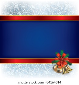 Abstract Christmas blue background with handbells and gift ribbons