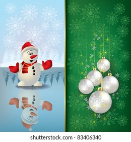 Abstract Christmas blue green greeting with snowman