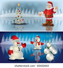 Abstract Christmas blue greeting with Santa snowmen and tree