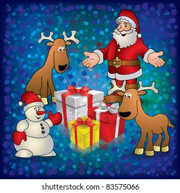 Abstract Christmas blue greeting with Santa snowman deers and gifts
