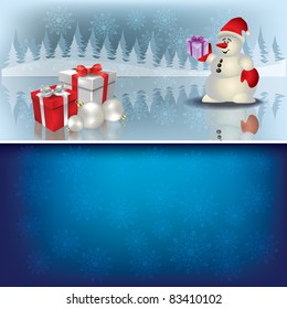 Abstract Christmas blue greeting with snowman and gifts
