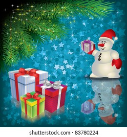 Abstract Christmas blue greeting with snowman and gifts