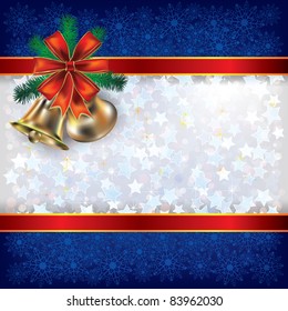 Abstract Christmas blue white background with handbells and gift ribbons