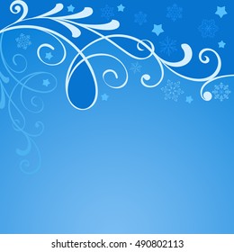 Abstract Christmas blue winter frosted branch ornament card with copy space. Christmas greeting card vector template.
