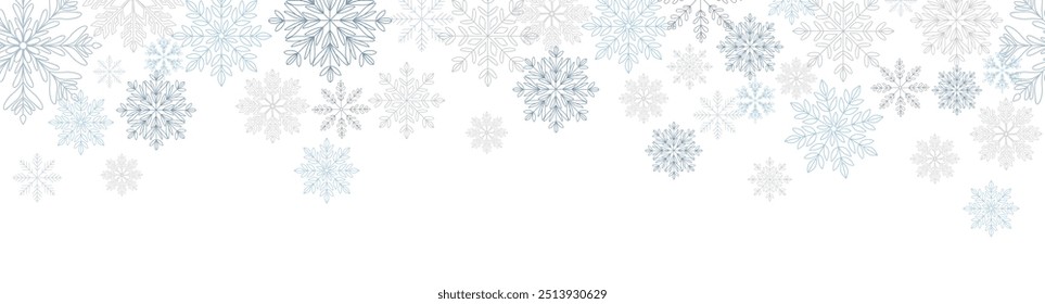 Abstract Christmas border with blue and silver snowflakes, horizontal seamless pattern. Winter snow. Overlay, banner, cover. Vector hand drawn white background.