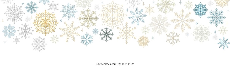 Abstract Christmas border with gold, silver, blue, gray snowflakes and copy space for text. Overlay, banner, cover. Vector hand drawn isolated on white background.	
