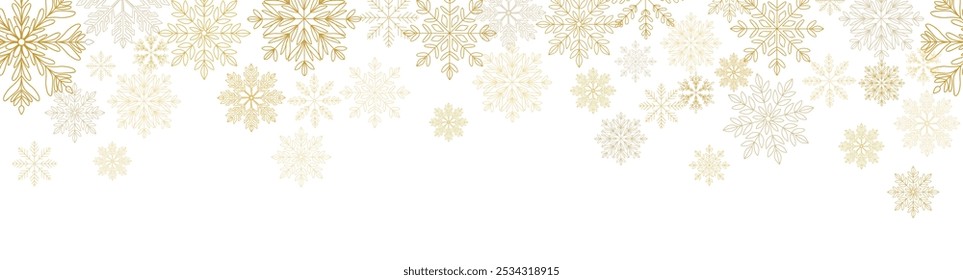 Abstract Christmas border with gold snowflakes and copy space for text. Winter snow. Overlay, banner, cover. Vector hand drawn isolated on white background.	