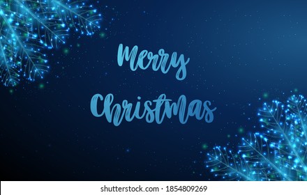 Abstract Christmas card with  fir tree branch. Low poly style design. Abstract geometric background. Wireframe light connection structure. Modern 3d graphic concept. Isolated vector illustration.