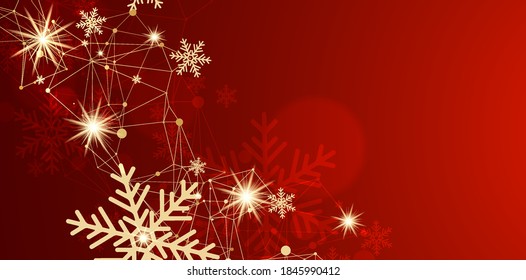 Abstract christmas card with golden snowflakes and plexus effect.