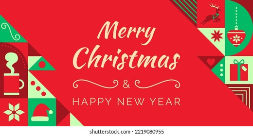 Abstract Christmas card with Christmas tree shapes and festive icons, blank copy space