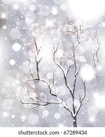 Abstract Christmas card with white snowflakes, tree and lights