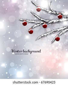 Abstract Christmas card with white snowflakes, winter fur tree branches, baubles and lights