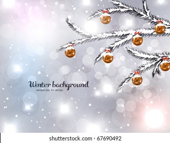 Abstract Christmas card with white snowflakes, fur tree, baubles and lights