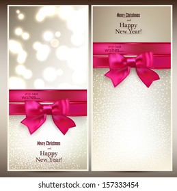 Abstract christmas cards with magenta gift bow and ribbon. Vector illustration. 