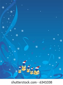 Abstract Christmas carolers in blue swirly background.