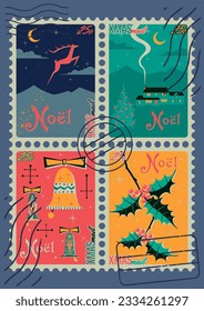 Abstract Christmas Celebration Winter Holidays Vintage Style Postage Stamps Set