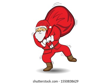 Abstract Christmas character, creative funny illustration, cute Santa is take heavy big gift on white background for decoration graphic design and artwork, Merry Christmas and happy new year concept