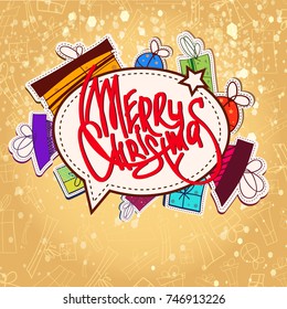 Abstract Christmas concept with colorful paper festive stickers on light doodle background vector illustration