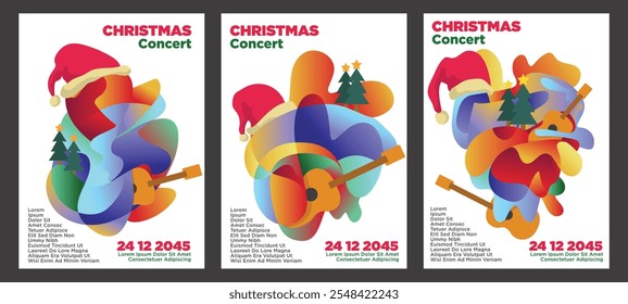  Abstract Christmas Concert Poster with Guitar and Pine Tree Decor. abstract christmas music poster set teplate vector illustration.