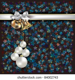 Abstract Christmas dark background with bells and white gift ribbons