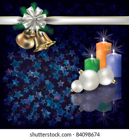Abstract Christmas dark greeting with candles and white gift ribbons