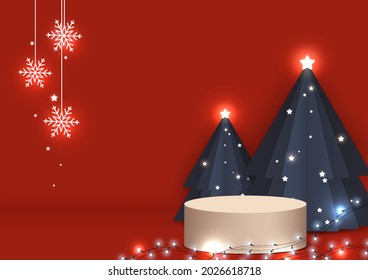 Abstract Christmas day backdrop. Circle stage podium decor with blue trees, snowflakes hang, light decor on a red background. Pedestal scene with for product display, show, sale. Vector illustration.
