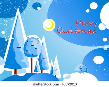 Abstract Christmas decoration Background with space for text. Vector greeting postcard with blue tree. New-Year's design with a winter wood view.