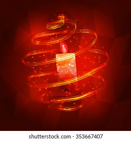 Abstract christmas decoration with candle with red ball with on dark red triangles background vector. background