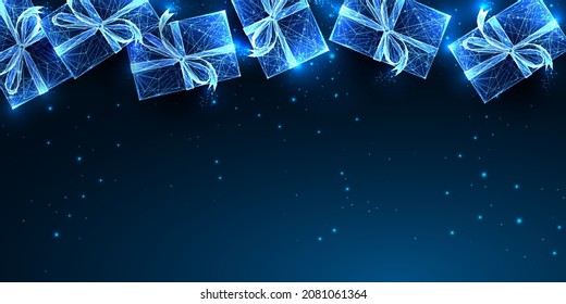 Abstract Christmas digital web banner template with glowing gift boxes and copy space on dark blue