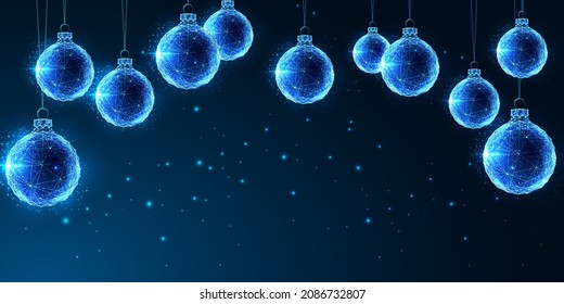 Abstract Christmas digital web banner template with glowing Christmas ornaments, baubles and copy space on dark blue