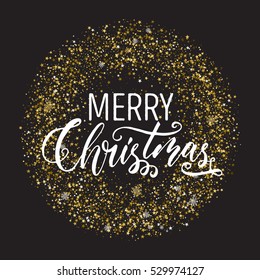 Abstract Christmas frame round shape with golden glitter stars, circles and snowflakes on the black background. Modern brush lettering.