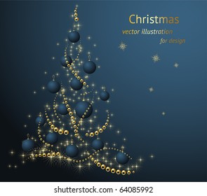 Abstract christmas fur tree with golden ball and snowflakes for xmas design.