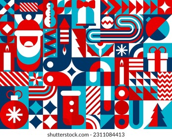 Abstract Christmas geometric bauhaus pattern. Vector seamless background of geometry ornament with Xmas holiday mosaic. Christmas tree, gift, Santa and snowman, snowflake and stocking bauhaus pattern