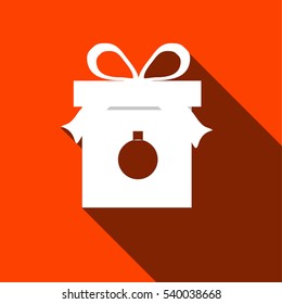 Abstract christmas gift box in flat style on orange background. 
