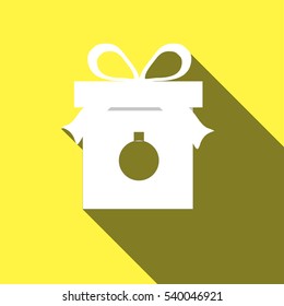 Abstract Christmas gift box in a flat style on a yellow background. and painted New Year's ball