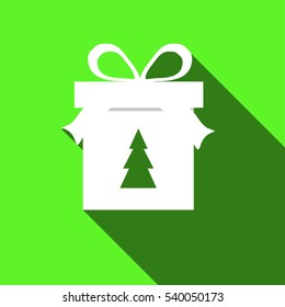 Abstract Christmas gift box in a flat style on a green background. and painted a Christmas tree
