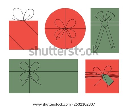 Abstract Christmas gift box set. Simple, circle, rectangle, and square gift boxes wrapped in red and green paper and tied with ribbons. Geometric Christmas or Birthday presents. Vector illustration.