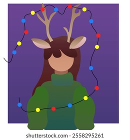 Abstract Christmas Gift Card Girl With Deer Ears And Horns In Green Sweater Cute Character Vector Design